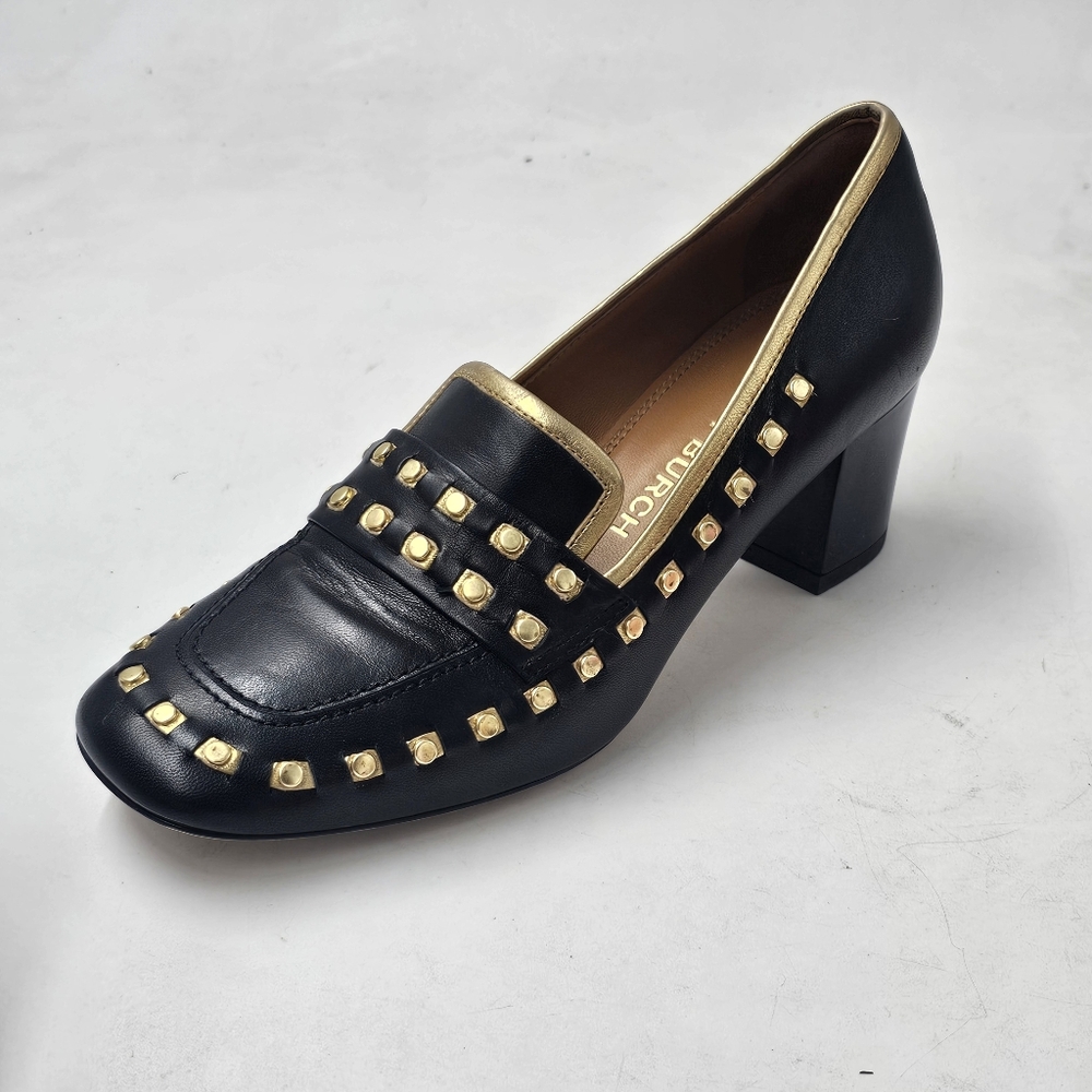 Tory Burch Studded Block Heel Loafer Pump Black Gold Leather Left Shoe 6.5 US - Picture 10 of 11